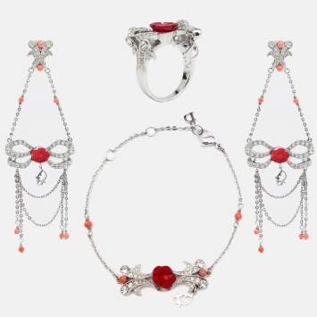 Pre Owned Dior Silver Tone Floral Resin Crystal Bow Detail Jewelery Set