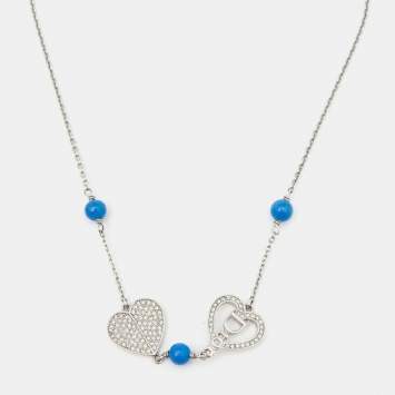 Pre Owned Dior Silver Tone Crystal Heart & Blue Bead Necklace