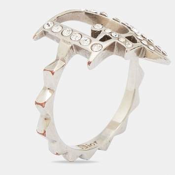 Pre Owned Dior Oblique Crystal Silver Tone Ring Size 55