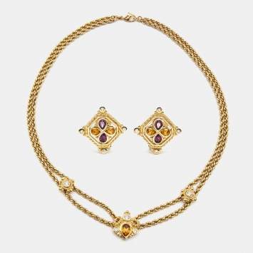Pre Owned Dior Crystals Gold Tone Necklace Earrings Set