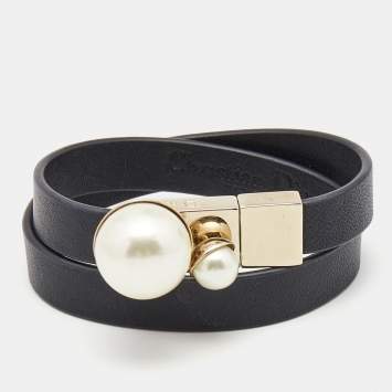 Pre Owned Dior Mise En Dior Leather Faux Pearl Gold Tone Double Wrap Bracelet