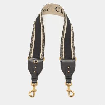 Pre Owned Dior Black/Cream Embroidered Canvas Shoulder Bag Strap