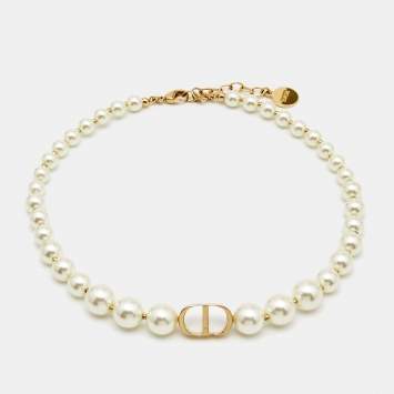 Pre Owned Dior 30 Montaigne Faux Pearl Gold Tone Choker Necklace