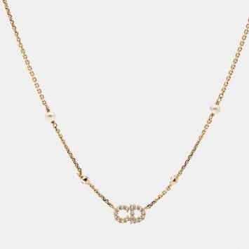 Pre Owned Dior Clair D Lunes Crystals Faux Pearl Gold Tone Necklace