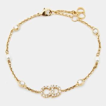 Pre Owned Dior Clair D Lune Crystal Faux Pearl Gold Tone Bracelet