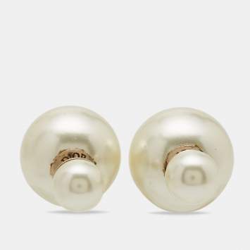 Pre Owned Dior Tribales Faux Pearl Gold Tone Stud Earrings