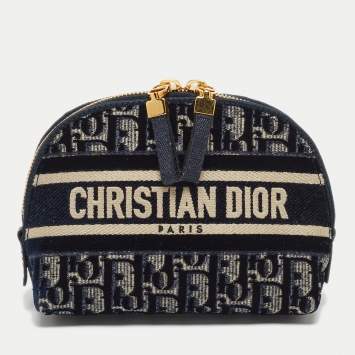 Pre Owned Dior Navy Blue/White Oblique Velvet Cosmetic Pouch