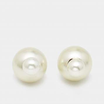 Pre Owned Dior Tribales Faux Pearl Gold Tone Earrings