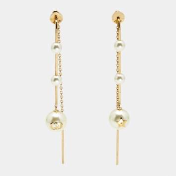 Pre Owned Dior Faux Pearl Gold Tone Chain Dangle Earrings
