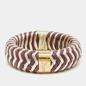 Pre Owned Dior Bicolor Leather Gold Tone Wide Bracelet