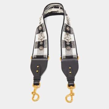 Pre Owned Dior Black/White Checkered Canvas and Leather Studded Shoulder Bag Strap