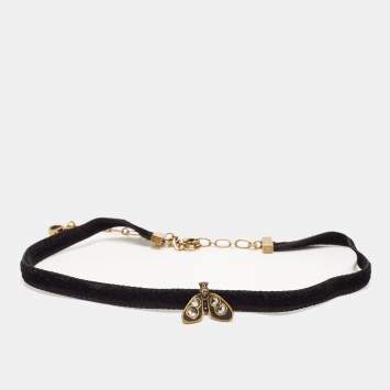 Pre Owned Dior Bee Crystal Enamel Gold Tone Fabric Choker Necklace