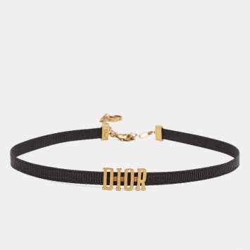 Pre Owned Dior Logo Gold Tone Fabric Choker Necklace