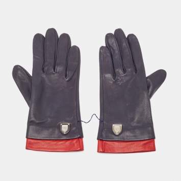Pre Owned Dior Navy Blue/Red Leather Gloves Size 7