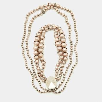 Pre Owned Dior Mise En Dior Pink Faux Pearl & Crystal Silver Tone Layered Necklace