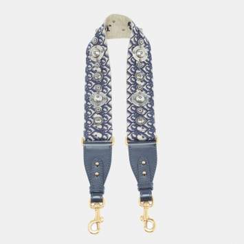 Pre Owned Dior Navy Blue Canvas and Leather Studded Saddle Shoulder Bag Strap