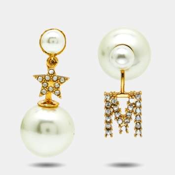 Pre Owned Dior Tribales Letter M & Star Crystal Faux Pearl Gold Tone Asymmetric Earrings