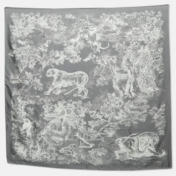 Pre Owned Dior Grey Silk Foulard Toile De Jouy Scarf