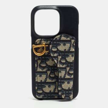 Pre Owned Dior Navy Blue/Beige Oblique Jacquard and Leather Saddle iPhone 14 Pro Case