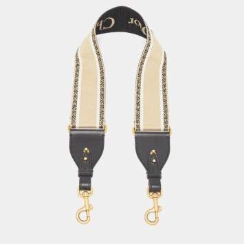Pre Owned Dior Black/Off White Embroidered Canvas and Leather Shoulder Bag Strap