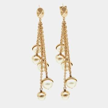 Pre Owned Dior Faux Pearl & Gold Tone Multi Chain Drop Earrings