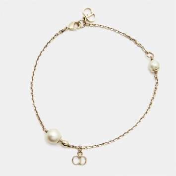 Pre Owned Dior Le Petite Tribale Faux Pearl Gold Tone Chain Bracelet