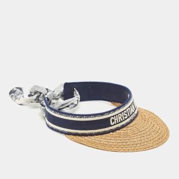 Pre Owned Dior Navy Blue Straw & Embroidered Canvas Mitzah D-Ocean Visor Cap