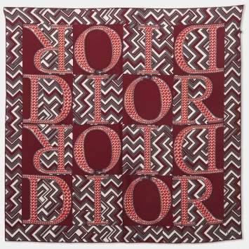 Pre Owned Dior Dark Burgundy Chevron Logo Print Silk Scarf