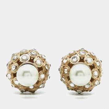 Pre Owned Dior Tribales Crystal Faux Pearl Gold Tone Earrings