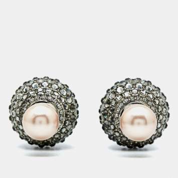 Pre Owned Dior Tribales Crystals Faux Pearl Silver Tone Earrings