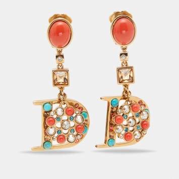 Pre Owned Dior Gold Tone Crystal Composite Gold Tone Drop D Clip-on Earrings
