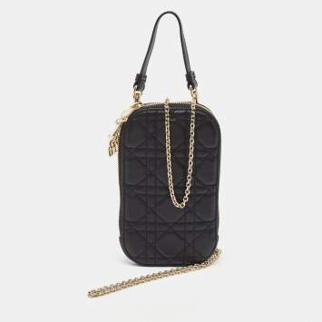 Pre Owned Dior Black Cannage Leather Lady Dior Chain Phone Holder 