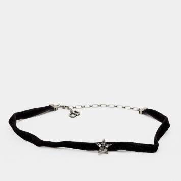 Pre Owned Dior Star Crystals Silver Tone Velvet Choker Necklace