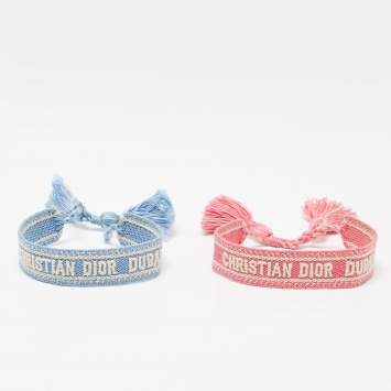 Pre Owned Dior Placid Blue/Pink Christain Dior Dubai Embroidered Cotton Bracelet Set