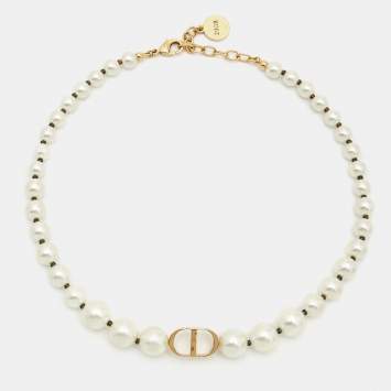 Pre Owned Dior 30 Montaigne Faux Pearl Gold Tone Choker Necklace