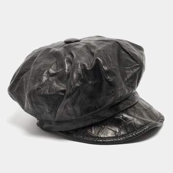 Pre Owned Dior Black Croc Embossed Leather Newsboy Cap