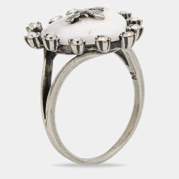 Pre Owned Dior 'Blue Bohèmienne' Bee Crystal Resin Silver Tone Ring Size 52 