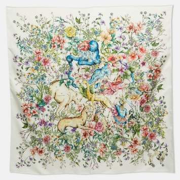 Pre Owned Christian Dior White Floral Print Silk D-Constellation Square Scarf