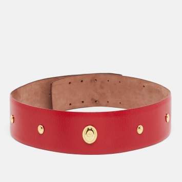 Pre Owned Dior Red Leather Embellished Wide Waist Belt 106CM