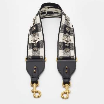Pre Owned Dior Black/White Embroidered Canvas and Leather Embellished Shoulder Bag Strap