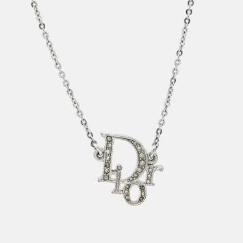 Pre Owned Dior Oblique Crystal Silver Tone Necklace