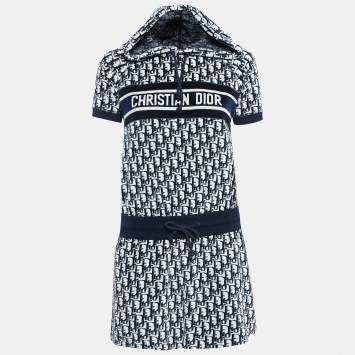 Pre Owned Dior Navy Blue Oblique Cotton Terry Hooded Dress XS