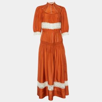 مملوكة مسبقًا Dior Orange Silk Smocked & Lace Trimmed  Maxi Dress L