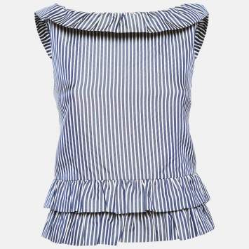 مملوكة مسبقًا Dior White/Blue Stripe Patterned Cotton & Silk Blend Ruffled Top S