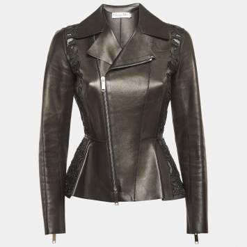 Pre Owned Christian Dior Black Embroidered Leather Cut-Out Jacket S