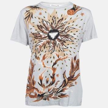 Pre Owned Christian Dior Grey Printed Cotton Jersey T-Shirt L