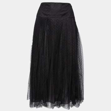Pre Owned Christian Dior Black Flocked Tulle Midi Skirt L