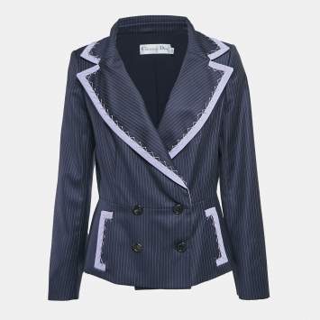 Pre Owned Christian Dior Navy Blue Pinstripe Wool Double Breasted Blazer L