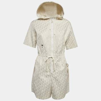 Pre Owned Christian Dior Off White Lame Hooded Playsuit L