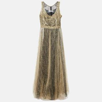 Pre Owned Dior Gold Embroidered Lace & Tulle Sleeveless Maxi Dress L